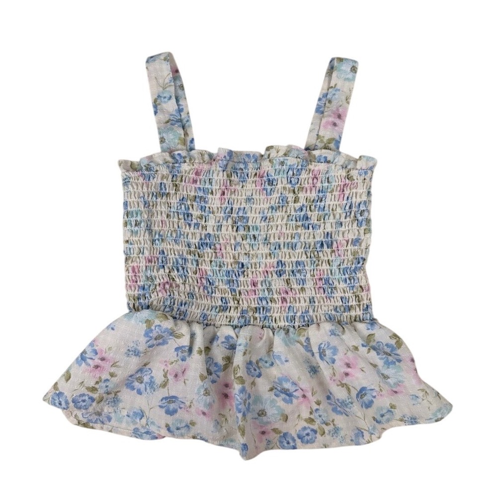 E&M Floral Smocked Peplum Crop Top Size M Blue Pink Cami Tank Ruffle Hem